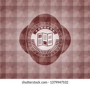 brochure icon inside red emblem or badge with abstract geometric pattern background. Seamless.