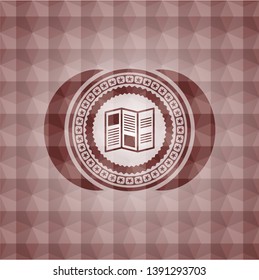 brochure icon inside red emblem with geometric background. Seamless.