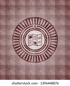 brochure icon inside red emblem or badge with geometric pattern background. Seamless.