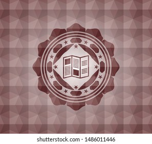 brochure icon inside red emblem with geometric background. Seamless.