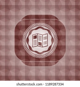 brochure icon inside red seamless emblem or badge with geometric pattern background.