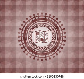 brochure icon inside red seamless badge with geometric background.