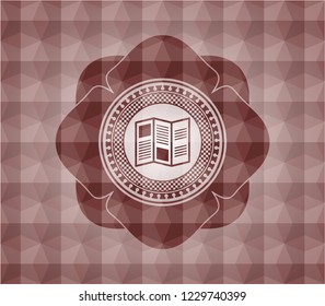 brochure icon inside red seamless emblem or badge with abstract geometric pattern background.