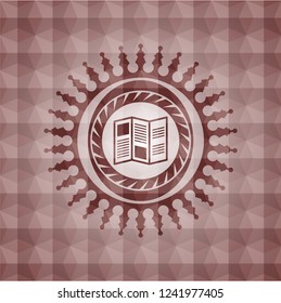 brochure icon inside red seamless badge with geometric background.