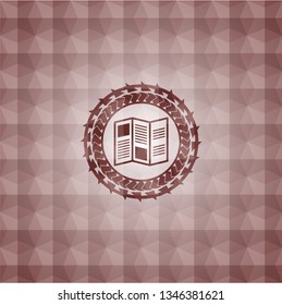 brochure icon inside red seamless badge with geometric background.