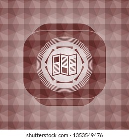 brochure icon inside red seamless emblem with geometric pattern background.