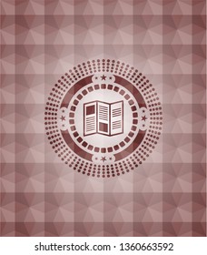 brochure icon inside red seamless geometric pattern emblem. Seamless.