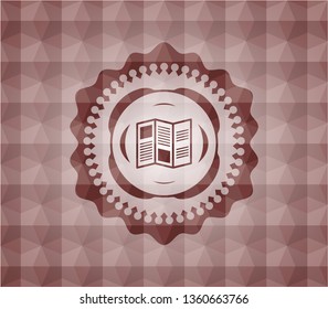 brochure icon inside red seamless emblem or badge with abstract geometric pattern background.