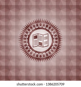 brochure icon inside red seamless emblem or badge with abstract geometric polygonal pattern background.