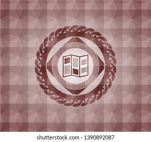 brochure icon inside red seamless badge with geometric pattern.