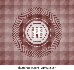 icono de folleto dentro de un emblema o placa sin soldadura roja con fondo de patrón poligonal geométrico abstracto. 