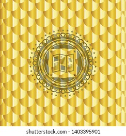 brochure icon inside shiny golden badge. Scales pattern. Vector Illustration. Detailed.