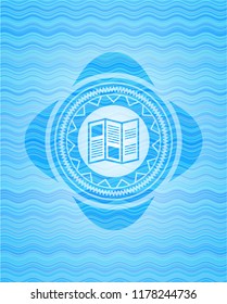 brochure icon inside sky blue water wave badge.