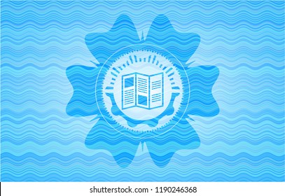 brochure icon inside sky blue water wave style badge.