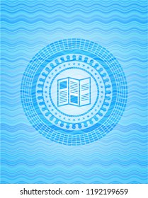 brochure icon inside sky blue water emblem.