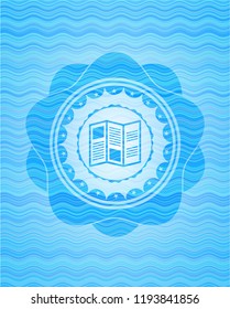 brochure icon inside sky blue water wave style emblem.