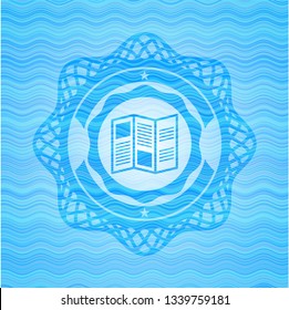 brochure icon inside sky blue water emblem.