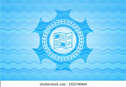 brochure icon inside sky blue water wave emblem background.