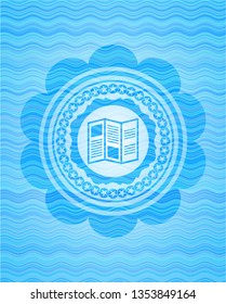 brochure icon inside sky blue water emblem background.