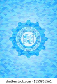 brochure icon inside sky blue emblem with triangle mosaic background