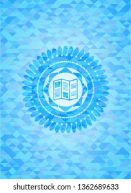 brochure icon inside sky blue emblem with triangle mosaic background