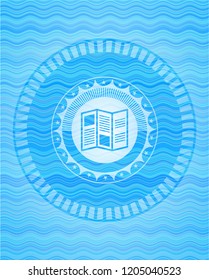 brochure icon inside water wave representation badge background.