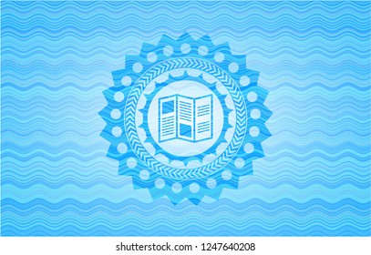 brochure icon inside water wave representation badge background.