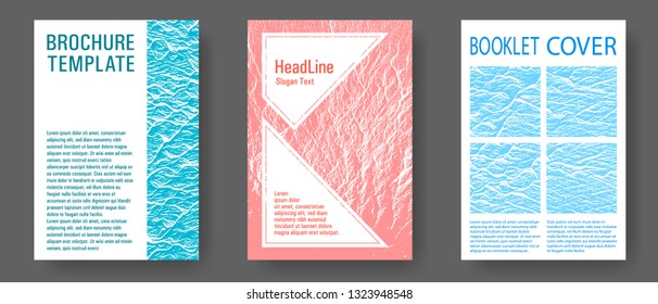 Brochure layout design templates. Blue, teal and coral color waves texture. Tect newsletter cover templates. Fluid buzzing wavy noise ripple texture. Business brochure vector cover layouts set.
