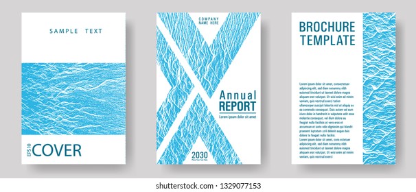 Brochure layout design templates. Blue sea water waves texture backdrops. Minimal cover page concepts. Business brochure vector cover layouts set. Buoyant wavy flux background pattern.