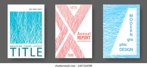 Brochure layout design templates. Blue, teal and coral color waves texture. Presentation slides cover pages. Buoyant wavy flux background pattern. Business brochure vector cover layouts set.