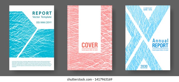 Brochure layout design templates. Blue, teal and coral color waves texture. Liquid rippling motion background pattern. Covers with headline sample text. Business brochure vector cover layouts set.