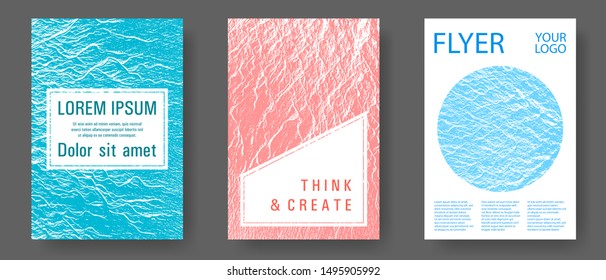 Brochure layout design templates. Blue, teal and coral color waves texture. Geometric typography cover. Business brochure vector cover layouts set. Buoyant wavy flux background pattern.