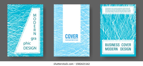 Brochure layout design templates. Blue sea water waves texture backdrops. Corporate finance book cover. Fluid buzzing wavy noise ripple texture. Business brochure vector cover layouts set.