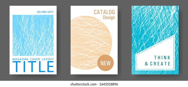 Brochure layout design templates. Blue, sea green, sand color textures. Geometric creative solutions. Buzzing rippling motion background texture. Business brochure vector cover layouts set.