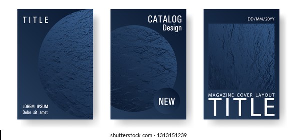 Brochure layout design templates. Dark blue and black waves texture. Business brochure vector cover layouts set. Buoyant wavy flux background pattern. Tect newsletter cover templates.