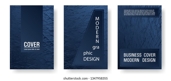 Brochure layout design templates. Dark blue and black waves texture. Business brochure vector cover layouts set. Fluid buzzing wavy noise ripple texture. Geometric creative solutions.