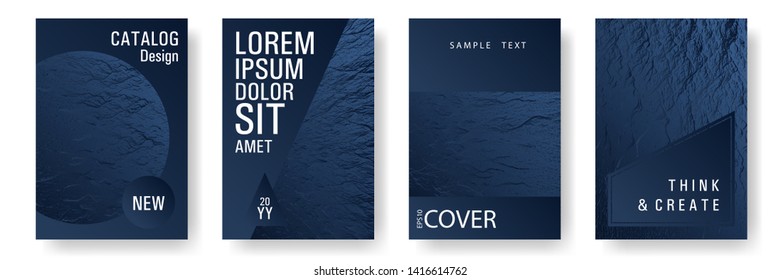 Brochure layout design templates. Dark blue and black waves texture. Buoyant wavy flux background pattern. Business brochure vector cover layouts set. Corporate finance book cover.