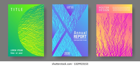 Brochure layout design templates. Pink blue green rainbow waves textures. Buoyant wavy flux background pattern. Presentation slides cover pages. Business brochure vector cover layouts set.