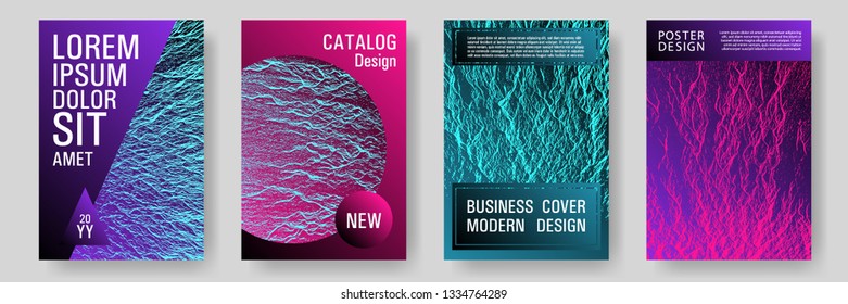 Brochure layout design templates. Pink blue purple synthwave textures. Presentation slides cover pages. Business brochure vector cover layouts set. Buzzing rippling motion background texture.