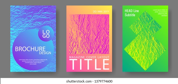 Brochure layout design templates. Pink blue green rainbow waves textures. Fluid buzzing wavy noise ripple texture. Covers with headline sample text. Business brochure vector cover layouts set.