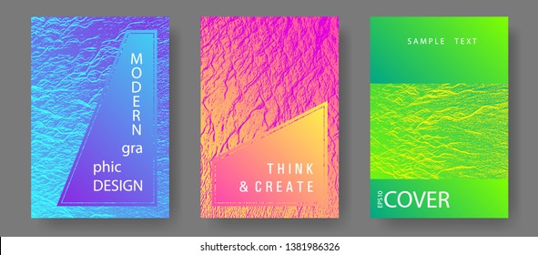 Brochure layout design templates. Pink blue green rainbow waves textures. Liquid rippling motion background pattern. Business brochure vector cover layouts set. Covers with headline sample text.