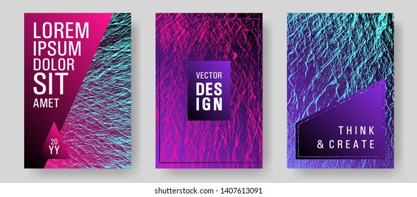 Brochure layout design templates. Pink blue purple synthwave textures. Business brochure vector cover layouts set. Buzzing flux ripple movement background. Flat geometric cover leaflets.