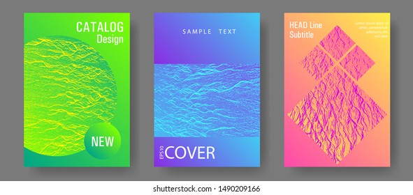 Brochure layout design templates. Pink blue green rainbow waves textures. Buoyant wavy flux background pattern. Covers with headline sample text. Business brochure vector cover layouts set.