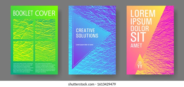 Brochure layout design templates. Pink blue green rainbow waves textures. Business brochure vector cover layouts set. Buzzing rippling motion background texture. Creative publication cover pages.