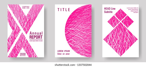 Brochure layout design templates. Plastic pink color waves textures. Business brochure vector cover layouts set.  