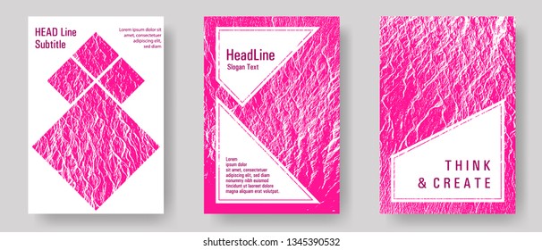 Brochure layout design templates. Plastic pink color waves textures. Buoyant wavy flux background pattern. Flat geometric cover leaflets. Business brochure vector cover layouts set.