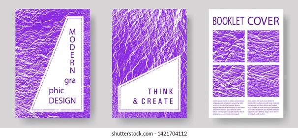 Brochure layout design templates. Proton purple color waves textures. Business brochure vector cover layouts set. Geometric creative solutions. Buzzing flux ripple movement background.