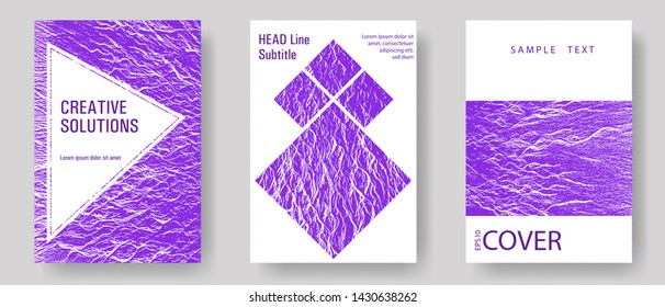 Brochure layout design templates. Proton purple color waves textures. Buzzing flux ripple movement background. Business brochure vector cover layouts set. Geometric typography cover.