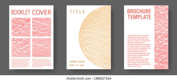 Brochure layout design templates. Sand and coral colors waves textures. Buzzing flux ripple movement background. Business brochure vector cover layouts set. Tect newsletter cover templates.