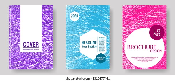 Brochure layout design templates. Teal pink purple waves texture backdrops. Business brochure vector cover layouts set. Covers with headline sample text. Fluid buzzing wavy noise ripple texture.